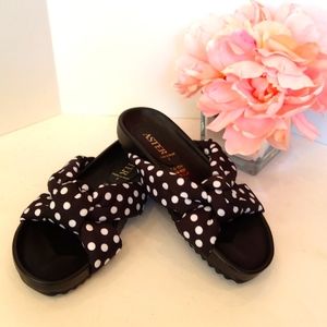 New ! ASTER textile white black polka dot slides sandals